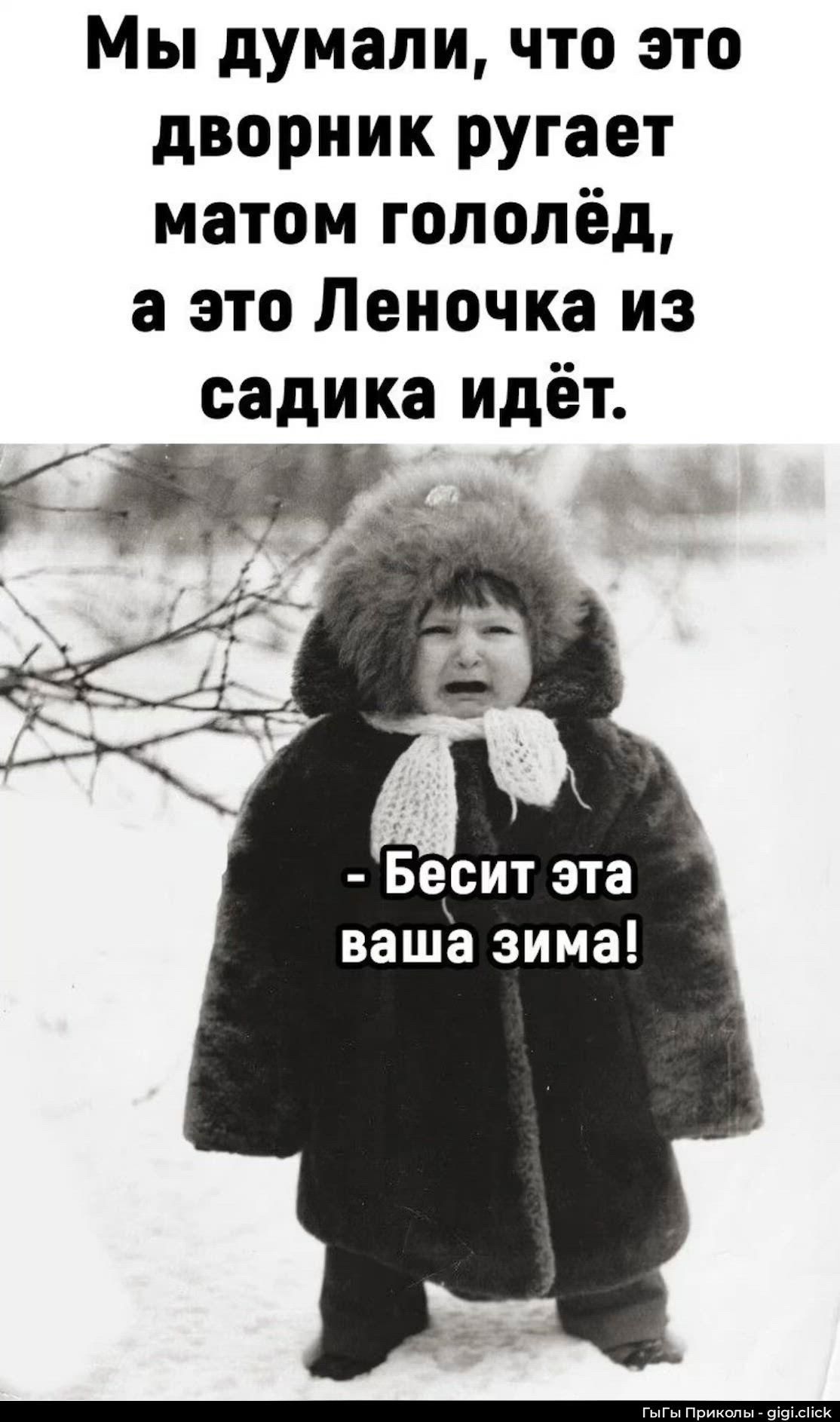 Мы думали, что это дворник ругает матом голодёд, а это Леночка из садика идёт. - Бесит эта ваша зима!