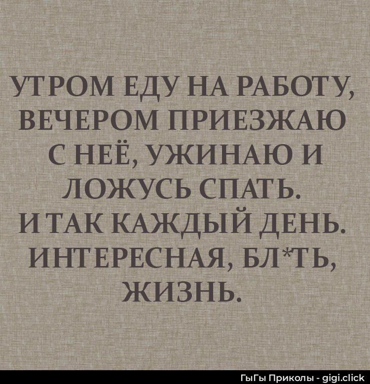 Утром еду на работу, вечером приезжаю с неё, ужинаю и ложусь спать. И так каждый день. Интересная, бл*ть, жизнь.