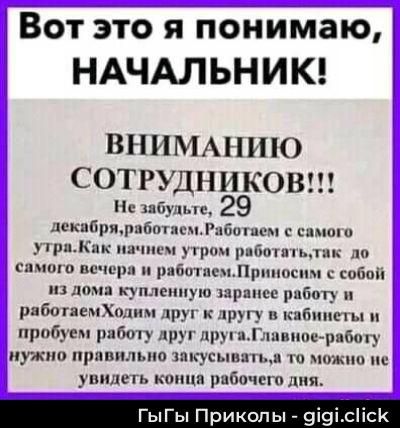 Вот это я понимаю, НАЧАЛЬНИК!\nВНИМАНИЮ СОТРУДНИКОВ!!!\nНе забудьте, 29 декабря, работаем. Работаем с самого утра. Как начнем утром работать, так до самого вечера и работаем. Приносим с собой из дома купленную заранее работу и работаем. Ходим друг к другу в кабинеты и пробуем работу друг друга. Главную работу нужно правильно закусывать, а то можно не увидеть конца рабочего дня.