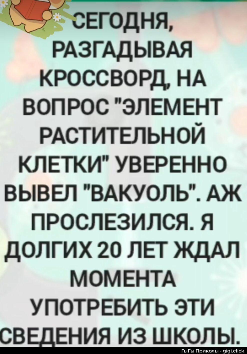 СЕГОДНЯ, РАЗГАДЫВАЯ КРОССВОРД, НА ВОПРОС 'ЭЛЕМЕНТ РАСТИТЕЛЬНОЙ КЛЕТКИ' УВЕРЕННО ВЫВЕЛ 'ВАКУОЛЬ'. АЖ ПРОСЛЕЗСЛИСЬ, Я ДОЛГИХ 20 ЛЕТ ЖДАЛ МОМЕНТУ УПОТРЕБИТЬ ЭТИ СВЕДЕНИЯ ИЗ ШКОЛЫ.