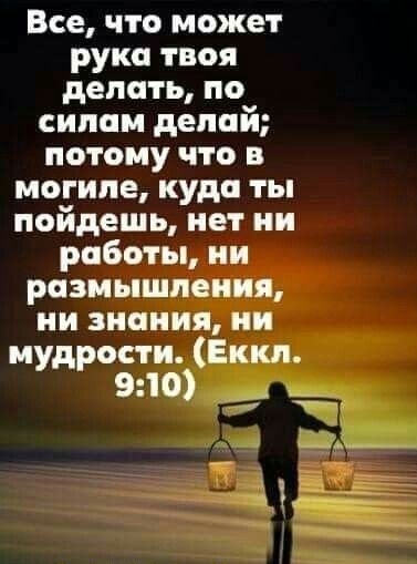 Все что может рука твоя делать по силам делай потому что в могиле куда ты пойдешъ нет ни работы ни размышления ни знания ии мудрости Еккл 910 _