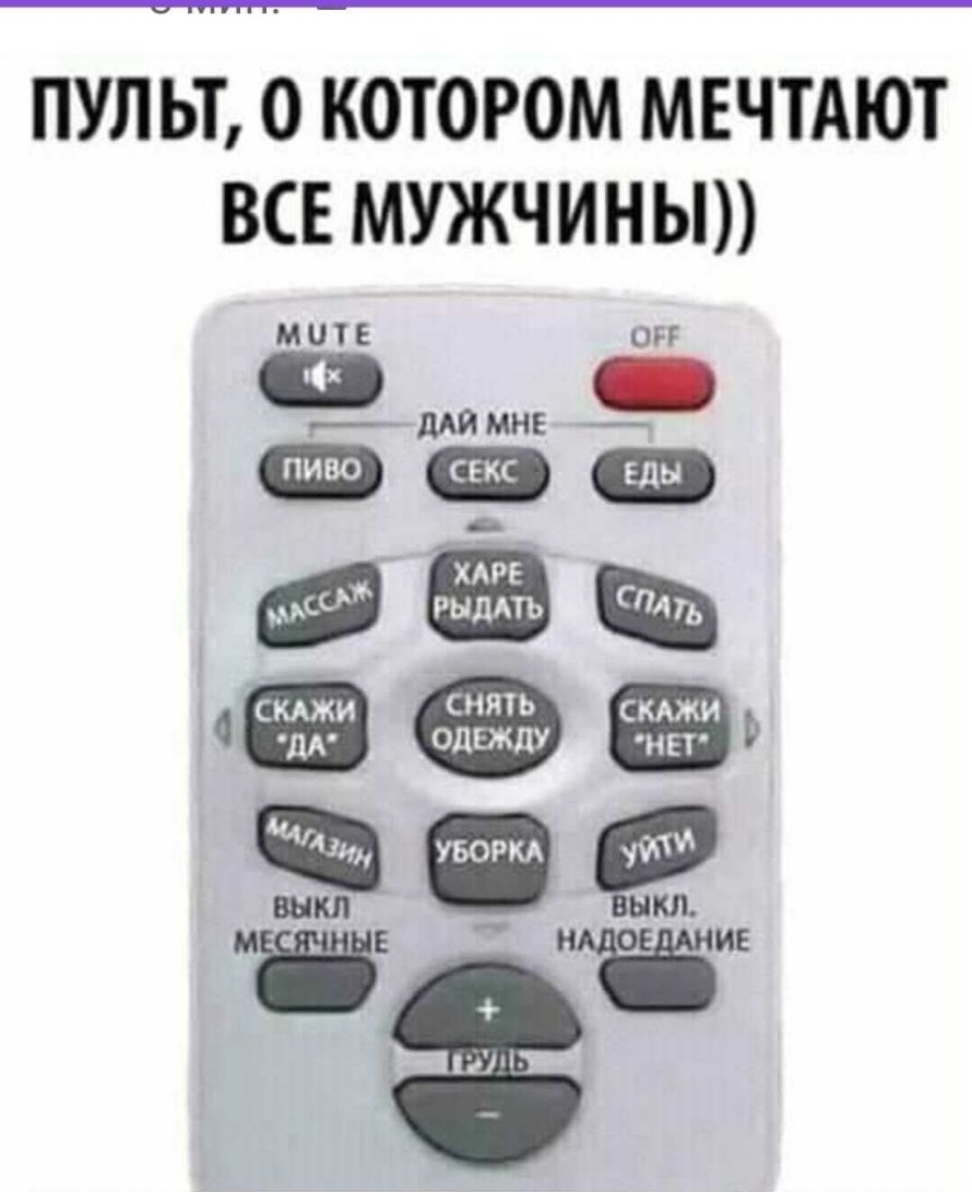 ПУЛЬТ О КОТОРОМ МЕЧТАЮТ ВСЕ МУЖЧИНЫ МОУЕ 0 г дАЙ МНЕ _ а хяре РЫдАТЪ СКАЖИ СНЯТЬ склоки дА ОЦЕЖЦУ НЕТ 1