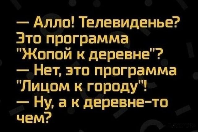 Алло Телевиденье Это программа Жппой к деревне Нет это программа Лицом к городу Ну а к деревне то чем