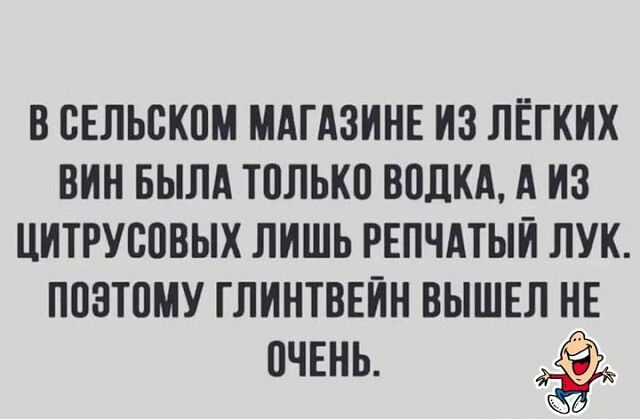 В сельском магазине из лёгких вин была только водка, а из цитрусовых лишь репчатый лук. Поэтому глинтвейн вышел не очень. Ё