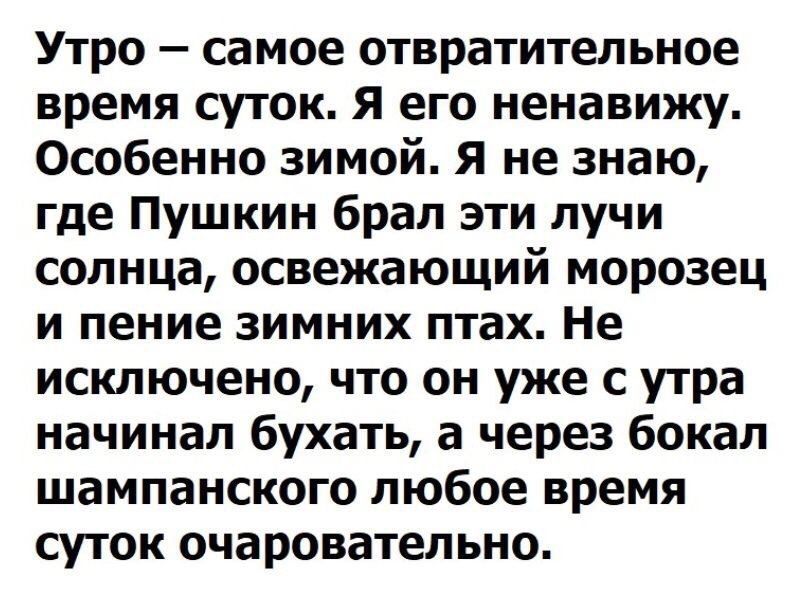 Утро самое отвратительное время суток Я его ненавижу Особенно зимой Я не знаю где Пушкин брал эти лучи солнца освежающий морозец и пение зимних птах Не исключено что он уже с утра начинал бухать а через бокал шампанского любое время суток очаровательно