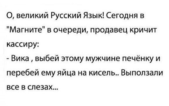 О великий Русский Язык Сегодня в Магните в очереди продавец кричит кассиру Вика выбей этому мужчине печёнку и перебей ему яйца на кисель Выползапи ВСЕ В слезах