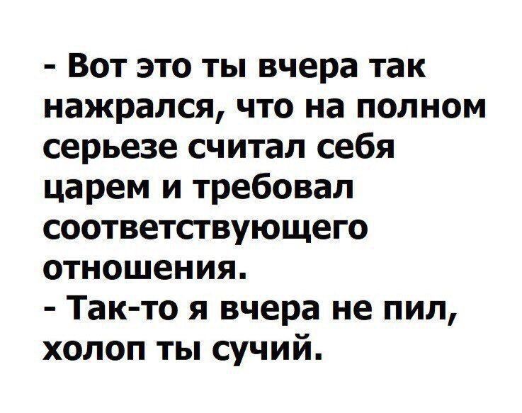 Вот это ты вчера так нажрался что на полном серьезе считал себя царем и требовал соответствующего отношения Так то я вчера не пил холоп ты сучий