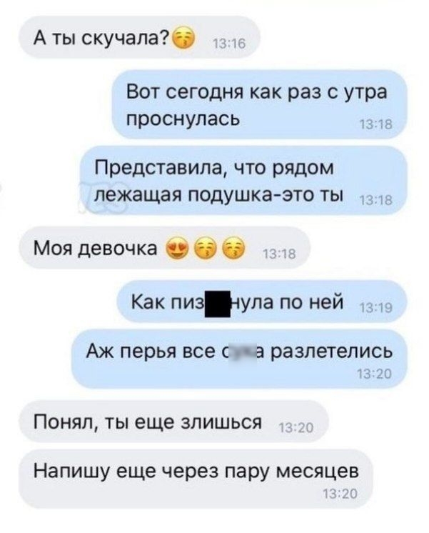 Аты скучалаб Вот сегодня как раз с утра проснулась д Представила что рядом лежащая подушкаэто ты Моя девочка 60 О Как пизяула по ней АЖ перья ВСЕ СМ разлетелись 13 ЭС ПОНЯЛ ТЫ еще ЗПИШЬСЯ Напишу еще через пару месяцев