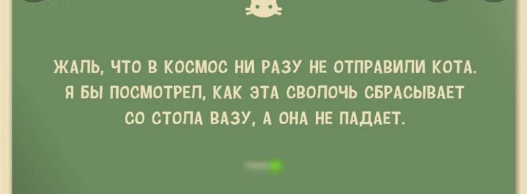 ЖАПЬ ЧТО В КОСМОС НИ РАЗУ НЕ ОТПРАВИПИ КОТА Я БЫ ПОСМОТРЕП КАК ЭТА СВОПОЧЬ ОБРАСЫВАЕТ СО СТОПА ВАЗУ А ОНА НЕ ПАДАЕТ