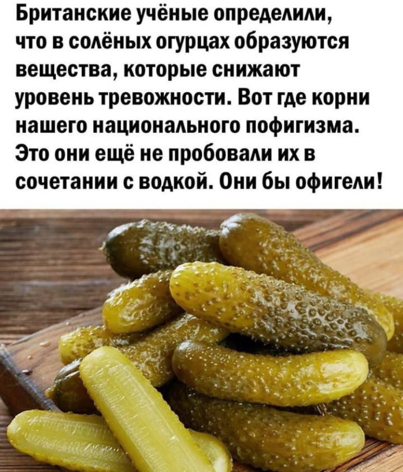 Британские учёные опредеАиАи что в содёных огурцах образуются вещества которые снижают уровень тревожности Вот где корни нашего национального пофигизма Это они ещё не пробовади их в сочетании с водкой Они бы офигели
