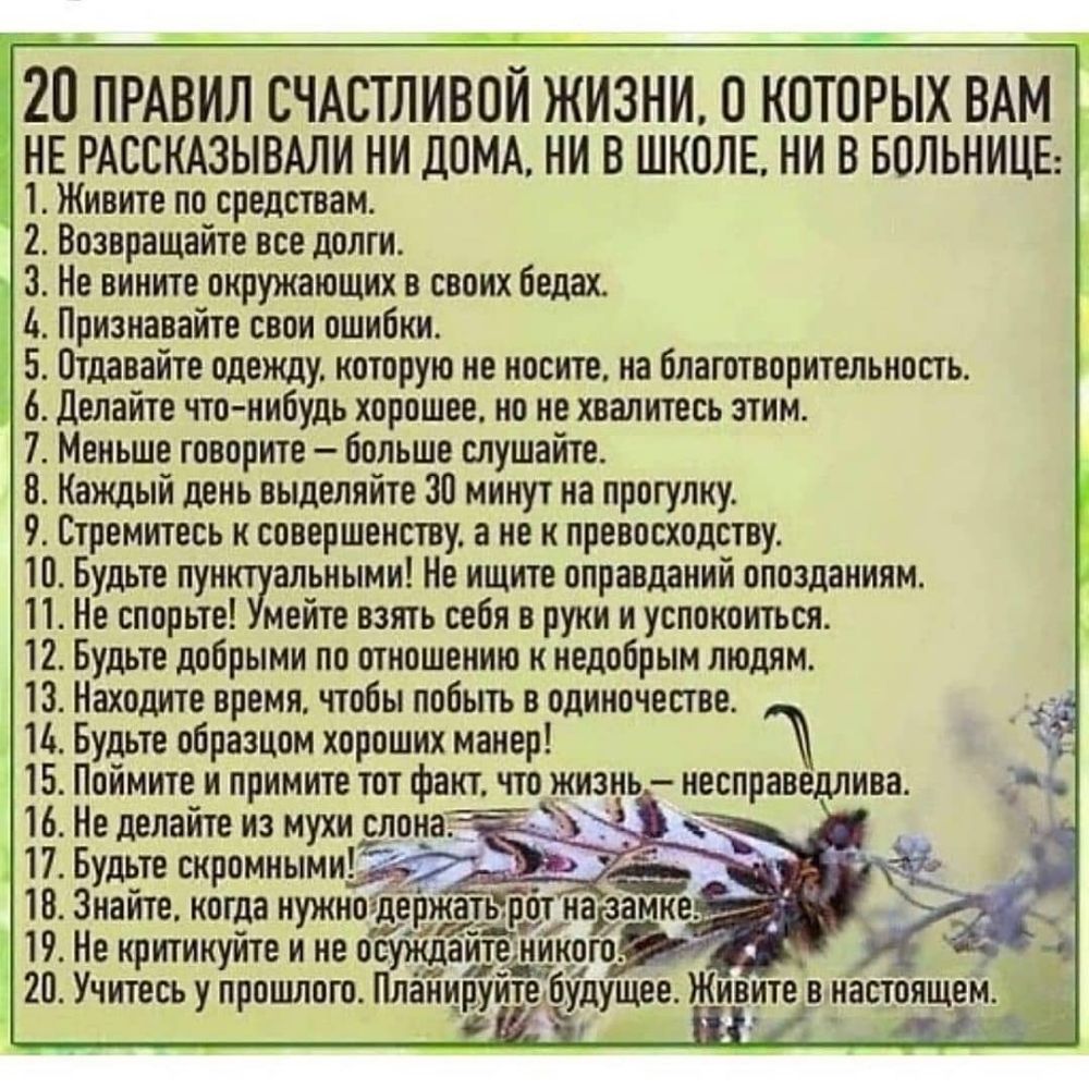 20 ПРАВИЛ СЧАСТЛИВОЙ ЖИЗНИ 0 КОТОРЫХ ВАМ НЕ РАССКАЗЫВАЛИ ни доМА ни в школе  ни в Больнице 1 Живите по средствам 2 Возвращайте все долги 3 Не внннте  окружающих в своих бедах