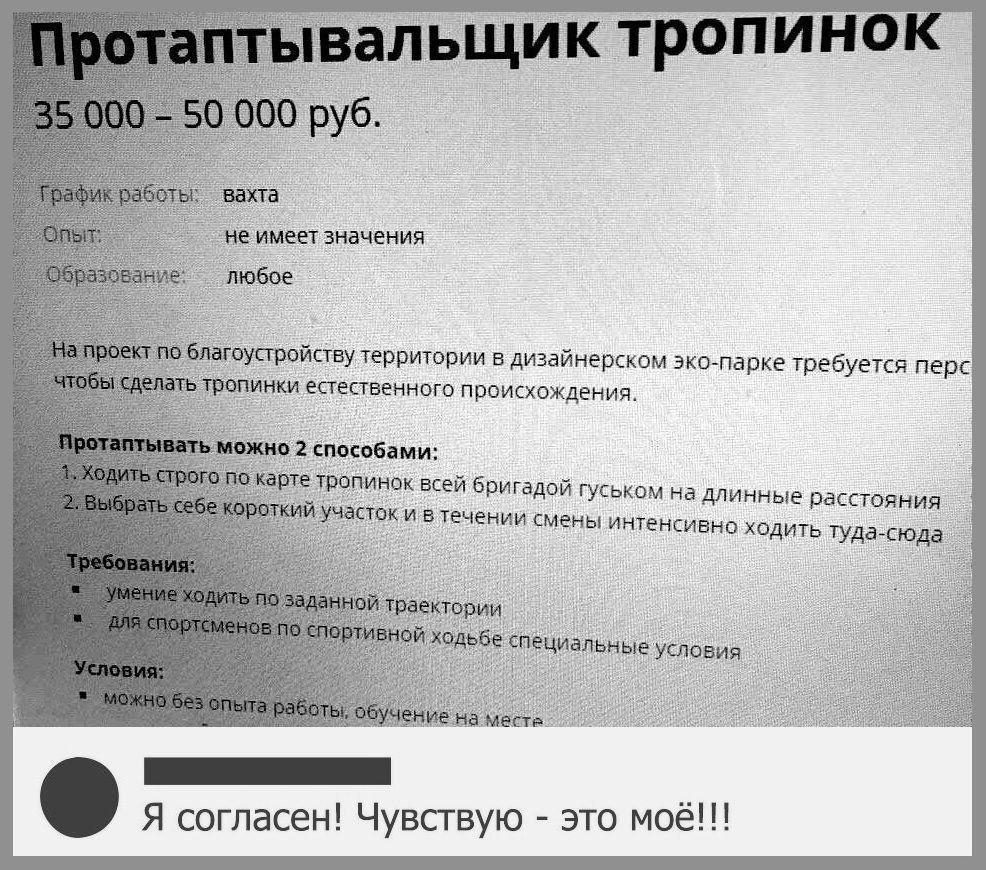 аЛЪЩИК ТРОПИНО руб Ьупройству территории в дизайнерском эко парке требуется перс ШИНЫ ЕСТЕСТВЕННОГО ПРОИСХОЖДЕНИЯ 2 Ёппсобами Тр инок всей бригадой гуськом на длинные расстояния ТРК ИВ ТЕЧЁНИИ СМЕНЫ ИНТЕНСИВНО ХОДИТЬ ТУДЭСЮДВ Я согласен Чувствую это моё