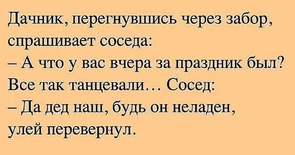 Дачник перегнувшись через забор спрашивает соседа А что у вас вчера за праздник был Все так танцевали Сосед Да дед наш будь он неладен улей перевернул