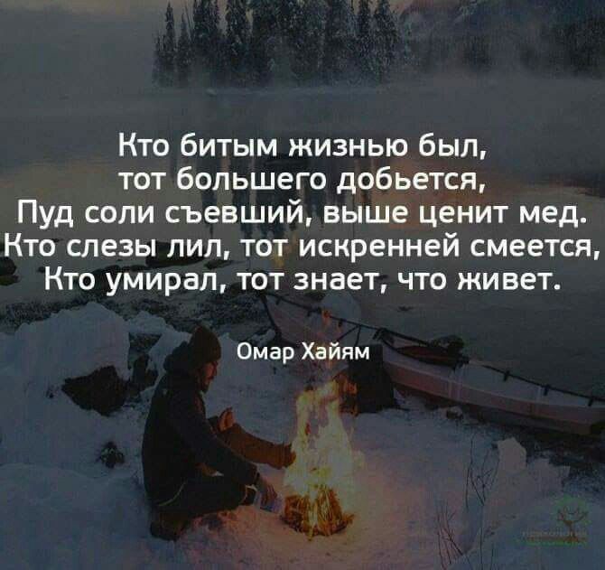 Кто битым жизнью был тот большего добьется Пуд соли съевший выше ценит мед Кто слезы лил тот искренней смеется Кто умирал тот знает что живет Омар Хайям