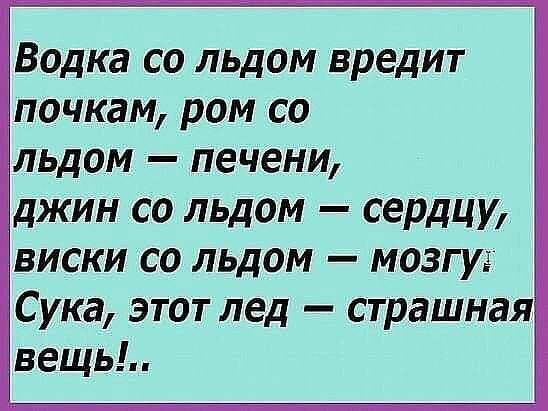 Водка со льдом вредит почкам ром со льдом печени джин со льдом сердцу виски со льдом мозгу Сука этот лед страшная вещь