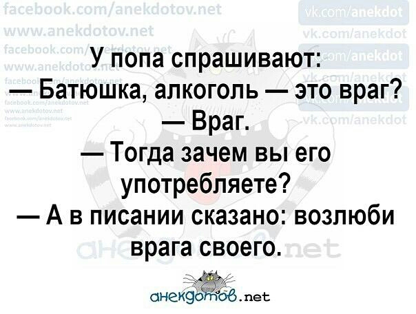 У попа спрашивают Батюшка алкоголь это враг Враг Тогда зачем вы его употребляете А в писании сказано возлюби врага СВОЭГО д онек9о пес
