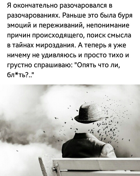Я окончательно разочаровался в разочарованиях Раньше это была буря эмоций и переживаний непонимание причин происходящего поиск смысла в тайнах мироздания А теперь я уже ничему не удивляюсь и просто тихо и грустно спрашиваю Опять что ли блть