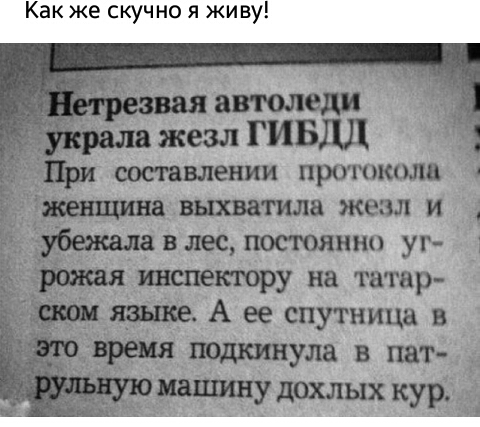 Как же скучно я живу автоледи жезл ГИБДД составлении ПРОТОКОЛ _ выхватила жезл и влесщосюянно уг пшетру на татар А ее спутница в ула в пат МЕдохлых кур