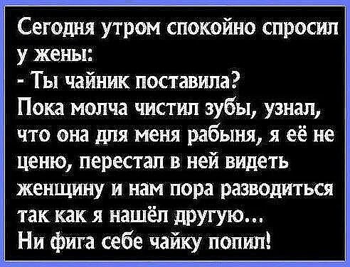 Сегодня утром спокойно спросил у жены Ты чайник поставила Пока молча чистил зубы узнал что она для меня рабыня я её не ценю перестал в ней видеть женщину и нам пора разводиться так как я нашёл другую Ни фига себе чайку попил