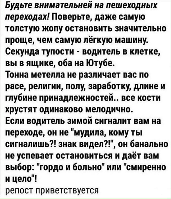 Будьте внимательней на пешеходных переходах Поверьте даже самую толстую жопу остановить значительно проще чем самую лёгкую машину Секунда тупости водитель в клетке вы в ящике оба на Ютубе Тонна метелпа не различает вас по расе религии полу заработку длине и глубине принадлежностей все кости хрустят одинаково мелодично Если водитель зимой сигналит вам на переходе он не мудила кому ты сигналишь знак