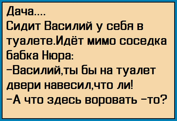 Дача Сидит Василий у себя в туалетеИдёт мимс ссседка Бабка Нюра Василийты Вы на туалет двери навесилчтс ли А что здесь всрсвать тс