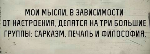 Ё МОИ МЫСЛИ В ЗАВИСИМОСТИ ПТ НАСТРОЕНИЯ ЦЕПЯТЕН НА ТРИ БОЛЬШИЕ ГРУППЫ САРКАЗМ ПЕЧАЛЬ И ФИЛОСОФИЯ