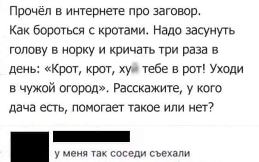 Прочёл в интернете про заговор Как бороться с кротами Надо засунуть голову в норку и кричать три раза в день Крот крот хук тебе в рот Уходи в чужой огород Расскажите у кого дача есть помогает такое или нет у меня так СОСЭДИ СЪЭХЗЛИ