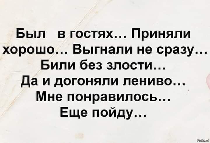 Был в гостях Приняли хорошо Выгнали не сразу Били без злости да и догоняли лениво Мне понравилось Еще пойду