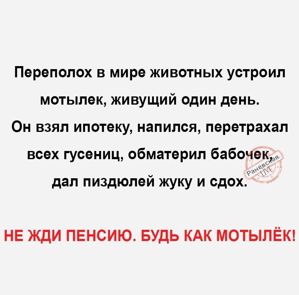 Переполох в мире животных устроил мотылек живущий один день Он взял ипотеку напился перетрахап всех гусениц обматерил бабочёида дал пиздюпей жуку и сдох НЕ ЖДИ ПЕНСИЮ БУДЬ КАК МОТЫЛЁК
