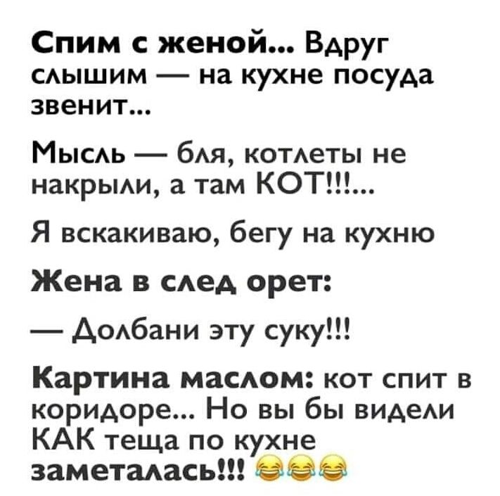 Спим с женой Вдруг САЫШИМ на кухне посуда звенит Мысь бт кометы не накрьми а там КОТ Я вскакиваю бегу на кухню Жена в САеА орет АсАбани эту суку КЗРТИНЗ МЗСАОМ КОТ СПИТ В коридоре Но вы бы видеи КАК теща по кухне заметадась
