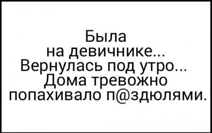 Была на девичнике Вернулась под утро Дома тревожно попахивапо пздюлями