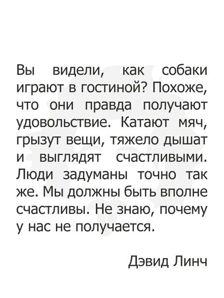 Вы видели как собаки играют в гостиной Похоже что они правда получают удовольствие Катают мяч грызут вещи тяжело дышат и выглядят счастливыми Люди задуманы точно так же Мы должны быть вполне счастливы Не знаю почему у нас не получается Дэвид Линч