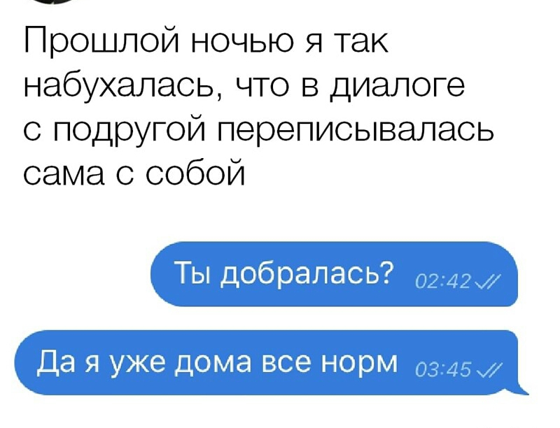 Прошлой ночью Я так набухалась что в диалоге с подругой переписывалась сама с собой