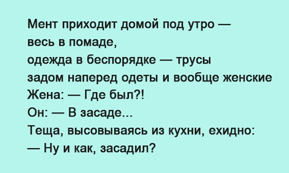 Мент приходит домой под утро весь в помаде одежда в беспорядке трусы задом наперед одеты и вообще женские Жена Где был Он В засаде Теща высовываясь из кухни ехидно Ну и как засадил