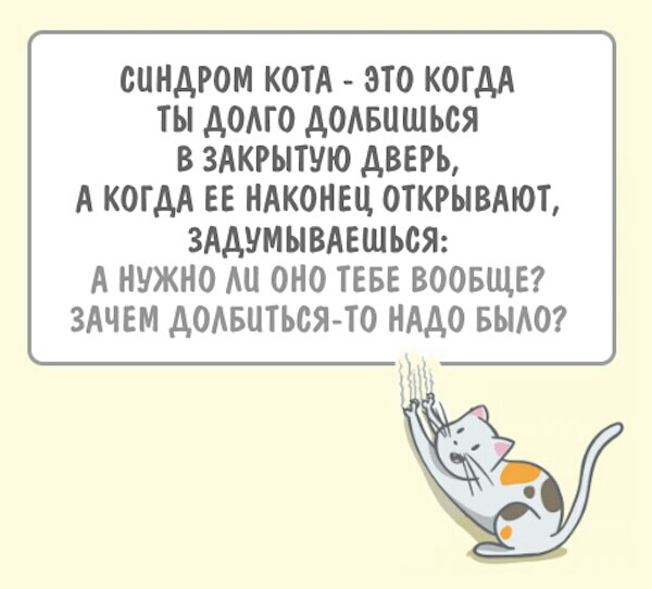 СИНДРОМ КОТА ЭТО КОГДА ТЫ ДОАГО ДОАБЦШЬОЯ В ЗАКРЫТУЮ ДВЕРЬ А КОГДА ЕЕ НАКОНЕЦ ОТКРЫВАЮТ ЗАДУМЫВАЕШЪОЯ А НУЖНО Ш ОНО ТЕБЕ ВООБЩЕ ЗАЧЕМ ДОАБЦТЬОЯТО НАДО БЫАО