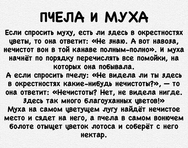 ПЧЕЛА И МУ ХА Если спросить муху есть ли здесь в окрестностях цветы то от ответит Не знаю А вот навоза нечистот вон в той канаве полнымполно и муха нвчиёт по порядку перечислять все помойки на которых она побывала А если спросить пчелу Не видела ли ты здесь в окрестностях какие нибудь иечистоты то она ответит Нечистоты Нет не видела нигде здесь так много благоухаииых цветов Муха на самом цветущем 