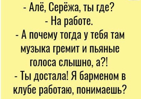 Алё Серёжа ты где На работе А почему тогда у тебя там музыка гремит и пьяные голоса слышно а Ты достала Я барменом в клубе работаю понимаешь