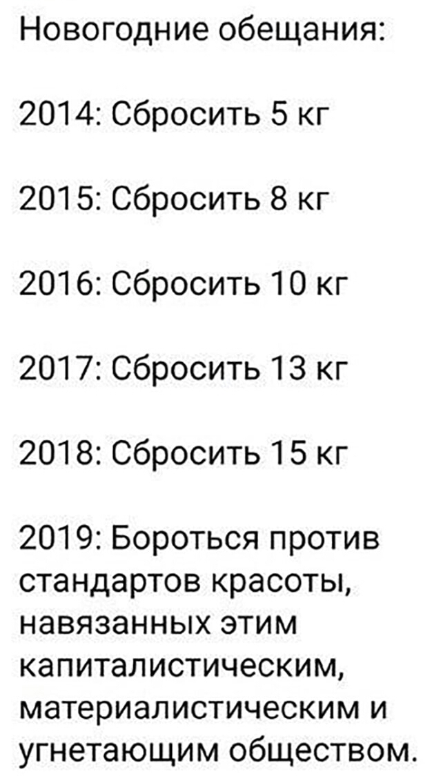 Новогодние обещания 2014 Сбросить 5 кг 2015 Сбросить 8 кг 2016 Сбросить 10 кг 2017 Сбросить 13 кг 2018 Сбросить 15 кг 2019 Бороться против стандартов красоты навязанных этим капиталистическим материалистическим и угнетающим обществом