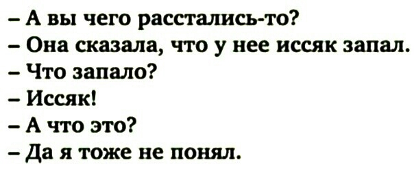 А вы чего расстались то Она сказала что у нее иссяк запал Что запала Иссяк А что это да я тоже не понял