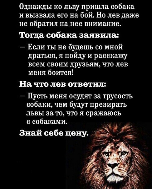Однажды ко льву пришла собака и вызвала его на бой Но лев даже не обратил на нее внимание Тогда собака заявила Если ты не будешь со мной драться я пойду и расскажу всем своим друзьям что лен меня боится На что лев ответил Пусть меня осудят за трусость собаки чем будут презирать львы за то что я сражаюсь собаками Знай себе цену 23 Ъи