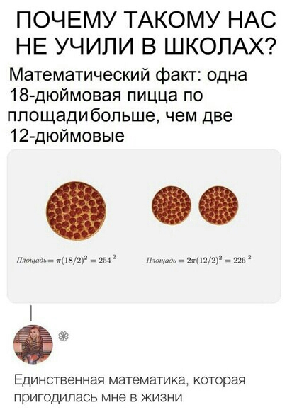 ПОЧЕМУ ТАКОМУ НАС НЕ УЧИЛИ В ШКОПАХ Математический факт одна 18 дюймовая пицца по ппощадибольше чем две 12дюймовые ги а Единственная математика которая пригодилась мне в жизни