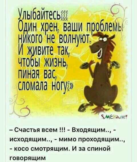 Улыбаитесьщ С 0 ин хрена ваши п облемы Й его не волнуют вите так что ы жизнь пиная вад сломала ногуі Счастья всем Входящим ИСХОДЯЩИМ МИМО ПрОХОдяЩИМ косо смотрящим И за спиной говорящим Ме ам