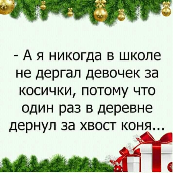 А А я никогда в школе не дергал девочек за косички потому что один раз в деревне дернул за хвост коня