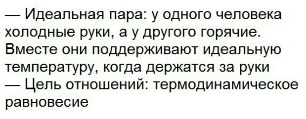 Идеальная пара у одного человека холодные руки а у другого горячие Вместе они поддерживают идеальную температуру когда держатся за руки Цепь отношений термодинамическое равновесие