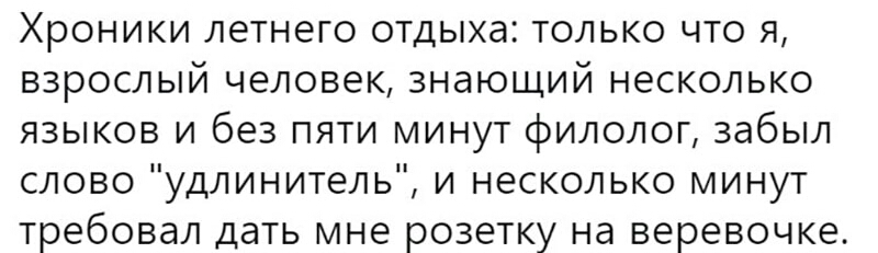 Хроники летнего отдыха только что я взрослый человек знающий несколько языков и без пяти минут филолог забыл слово удлинитель и несколько минут требовал дать мне розетку на веревочке