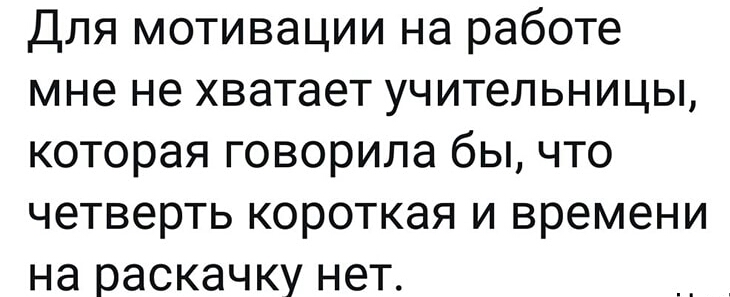 Для мотивации на работе мне не хватает учительницы которая говорила бы что четверть короткая и времени на раскачку нет