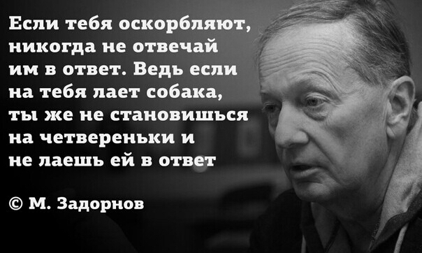 Если тебя оскорбляют _ никогда не отвечай им в ответ Ведь если на тебя лает собака ты же не становишься на четвереньки и не паешь ей в ответ М Задорнов