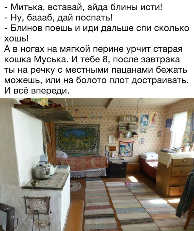 Митька вставай айда блины исти Ну баааб дай поспать Блинов поешь и иди дальше спи сколько хошь А в ногах на мягкой перине урчит старая кошка Муська И тебе 8 после завтрака ты на речку с местными пацанами бежать можешь или на болото плот достраивать И всё впереди