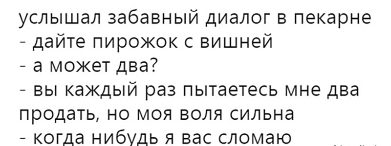 услышал забавный диалог в пекарне дайте пирожок с вишней а может два вы каждый раз пытаетесь мне два продать но моя воля сильна когда нибудь я вас сломаю