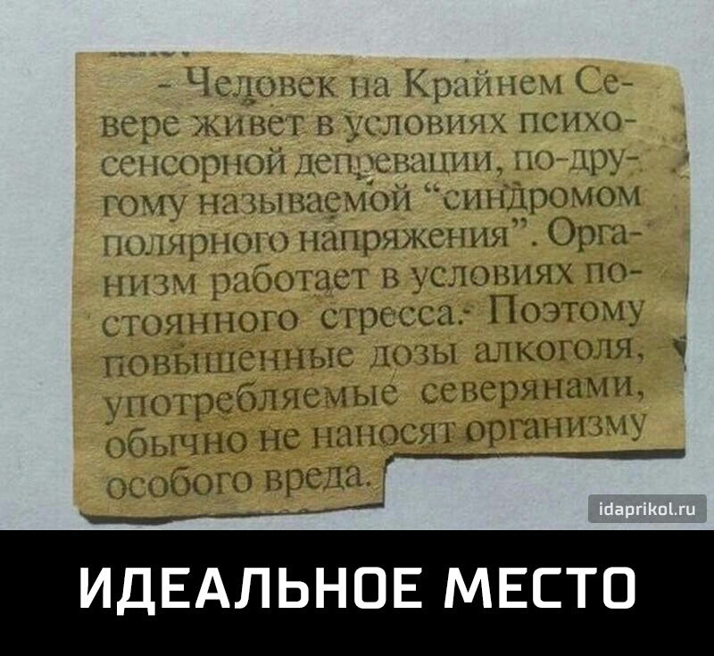ЧСірвск на Крайнем Сс верс уютнет условиях псих стс1 мор Юй іШЩСЕ зШЦШ жру гому на зшсмой сш Шромом полярного напряжения Орта г работает в условиях по стоянного стресса Поэтому повЫшснные позы алкоголя употребляемые северянами обычно не ъюносят организму особого вреда ИДЕАЛЬНОЕ МЕСТО